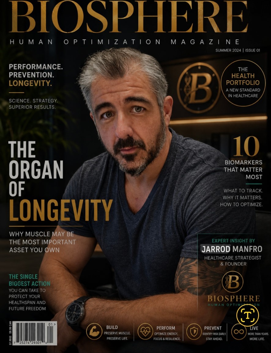 BioSphere Human Optimization Magazine cover featuring Jarrod Manfro